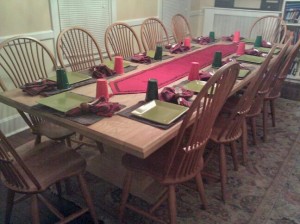 Our dining room table, set for a Christmas Party.